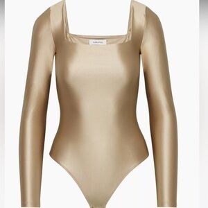 Aritzia Babaton Tan Long Sleeve Square Neck Satinette Bodysuit